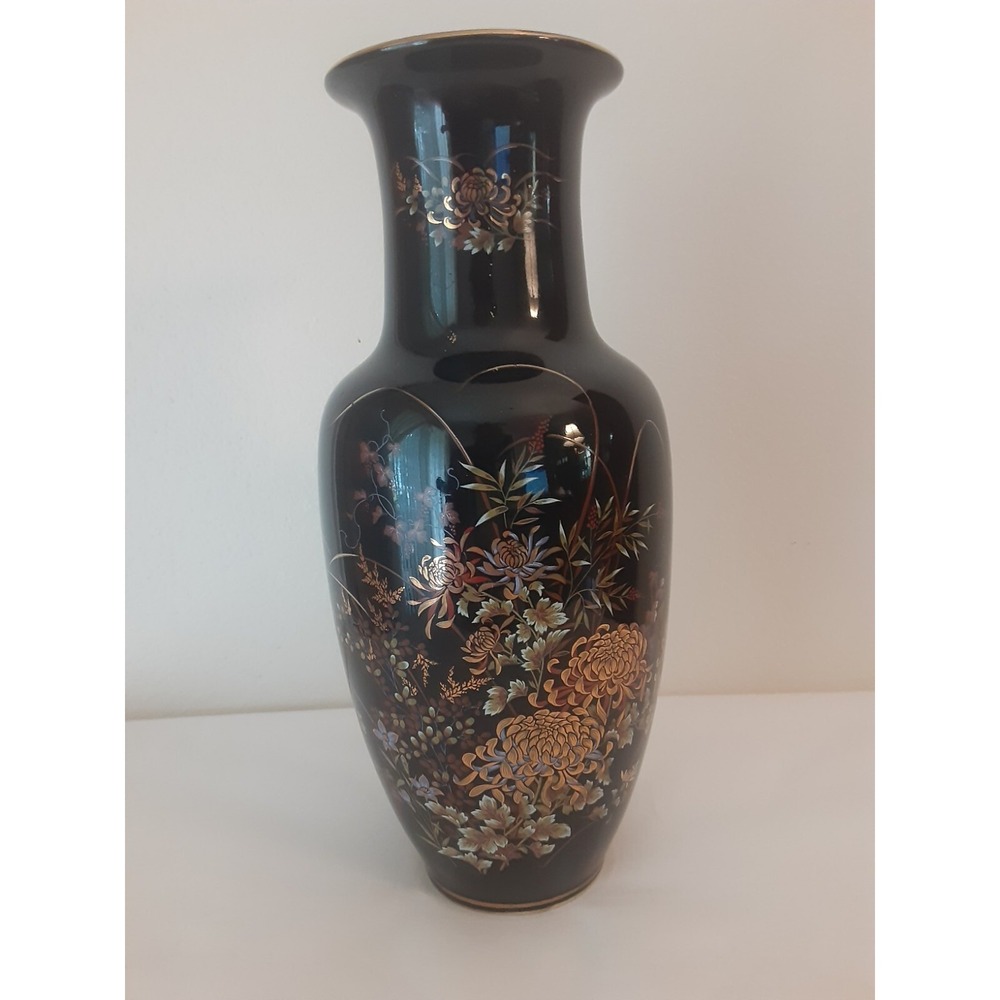 Vintage Arnart‎ Imports "Imperial Kiku" Black Floral Vase 10 1/2 inch High